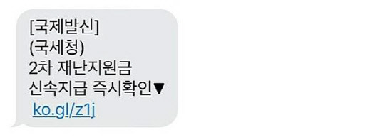 '2차 재난지원금 지급'으로 위장한 문자 메시지. 안랩 제공